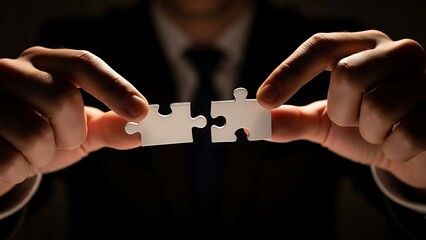 Dynamic businessman completing a vital puzzle, symbolizing teamwork, strategic solutions, and elegant problem-solving for innovative collaboration