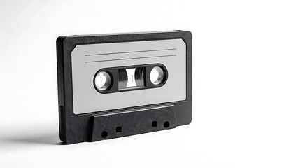 Obraz premium Vintage audio cassette tape angled on a pristine white background, a symbolic representation of the classic analog sound recording era and musical nostalgia