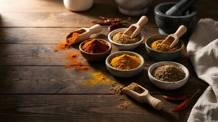 Overhead or angled flat-lay of cumin, paprika, turmeric in bowls and scoops on rustic table ,soft directional light creates warm, moody, inviting atmosphere.
