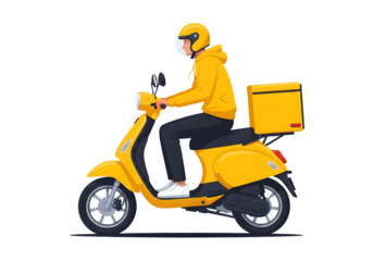 Delivery person on a yellow scooter with a food box