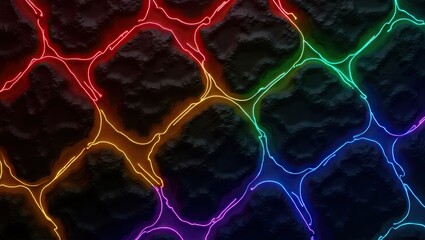 The image showcases a textured dark surface intricately outlined with glowing neon light patterns in vibrant rainbow hues, creating a visually engaging and dynamic abstract composition.