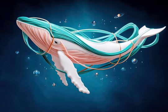 An abstract digital art rendering of a whale floating in space, surrounded by ribbons and bubbles, with a dark blue background.