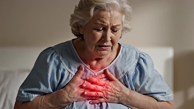 Elderly woman experiencing chest pain highlighting health concerns and