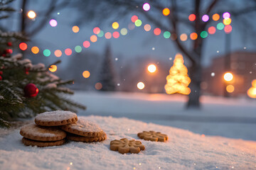 Christmas cookies in snowy park with festive lights
