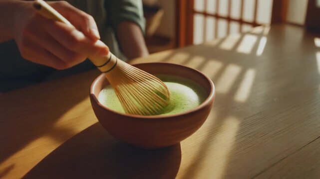 A close-up shot of a person whisking vibrant green matcha tea in a ceramic bowl.