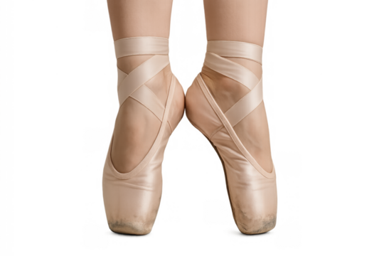 Ballerina feet wearing pink pointe shoes, standing en pointe, graceful classical dance training with transparent background - Powered by Adobe