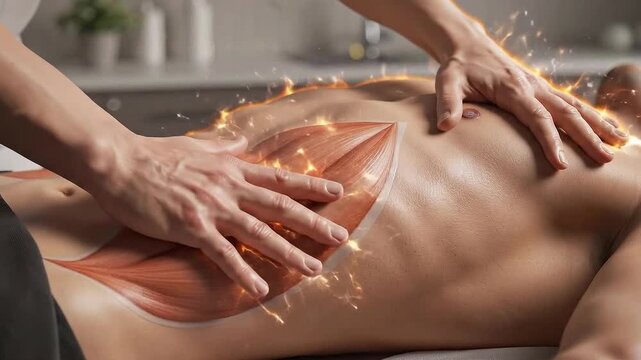 Therapeutic deep tissue massage on male torso highlighting pectoral muscles with warm glowing energy sparks and soft spa background lighting