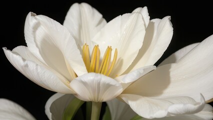 Close-up of a pristine white tulip, showcasing intricate petal details and a delicate yellow center against a dark background.