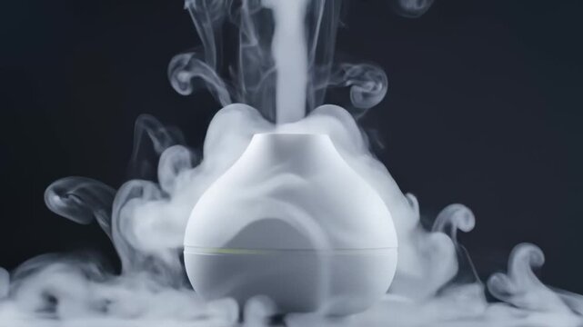 White Aroma Diffuser Spreading Smoke on Black Background