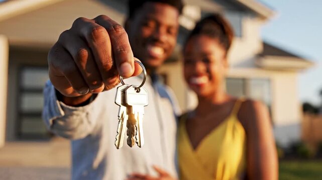 Happy Couple Holding Keys to first house - for Real Estate Blogs, Mortgage Websites, First Time Buyer Cards, Property Advertisements, and Relocation Articles
