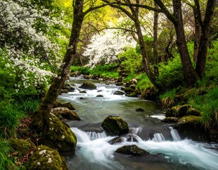 Fototapeta premium A stream rushes through verdant woods with white blossoms, creating a tranquil, dynamic natural scene