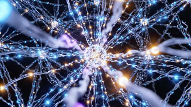 A vibrant, close-up view of abstract neural networks with glowing nodes, lines, and trails