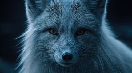 Naklejka premium Wild Fox in Dark Forest with Intense Gaze in Cool Blue Tones