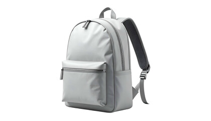 Light gray modern backpack, front view, isolated on black background, with visible straps and pockets
