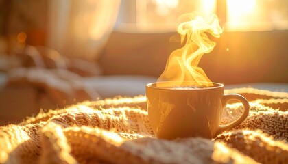 Extreme close-up of a hot Americano cup with thick rising steam, placed on a cozy knitted texture background with golden hour backlight, representing winter comfort and relaxation