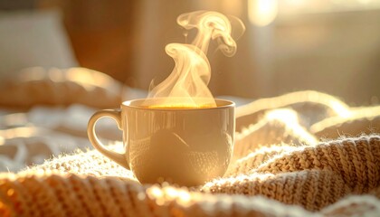 Extreme close-up of a hot Americano cup with thick rising steam, placed on a cozy knitted texture background with golden hour backlight, representing winter comfort and relaxation
