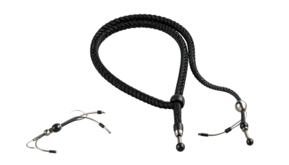Black leather eyeglass chain & adjustable small silver loop on a black background