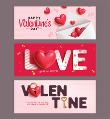 Valentine's day love greeting card clipart banner set. Happy Valentine's day invitation card clip art collection with love typography, love letter, lock and key decoration elements for hearts day 