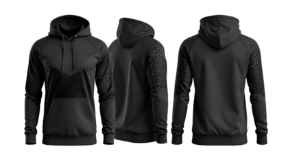 Three views of a black athletic hoodie with textured panels