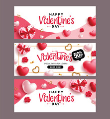 Happy Valentine's day greeting card clipart banner set. Valentine's day sale promotion discount clip art collection with heart shape balloons and gift box elements vector illustration.
