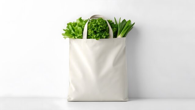 Fresh green produce overflowing from reusable shopping bag for eco-friendly healthy lifestyle