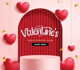 Happy Valentine's day Sale clipart banner template. Valentine's podium stage clip art with heart shape hanging elements for lovers special offer shopping discount banner sale vector illustration.
