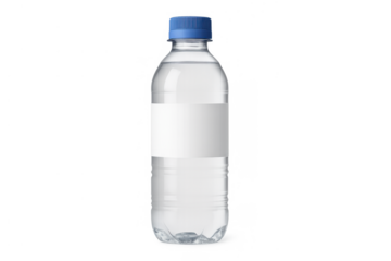 Clear plastic water bottle with blue cap and blank label, ready for branding and advertisement, isolated on transparent background