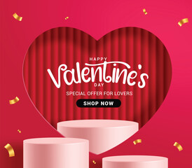 Valentine's day sale clipart banner template. Happy Valentine's day special offer for lovers shopping promo advertisement with stage and podium clip art in heart shape paper cut red background design 