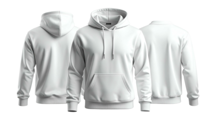 Three views of a white hoodie, front, back, and side profiles, isolated on black