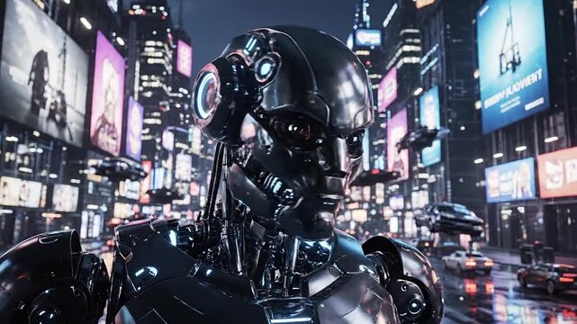 Optical sensors on a futuristic robot rotate as it scans the urban environment.