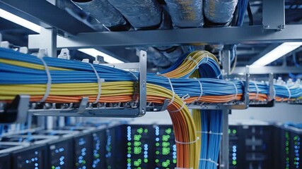 Optical cables bundle together in the ceiling of the server room. - Powered by Adobe