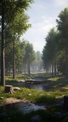 Obraz premium Lush Forest Scene with Stream and Sunlight.