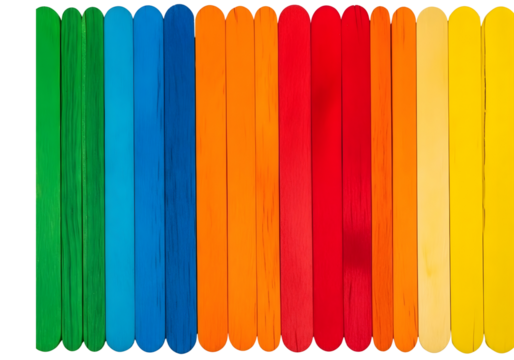 Colorful wooden craft sticks arranged in a rainbow pattern isolated on transparent background