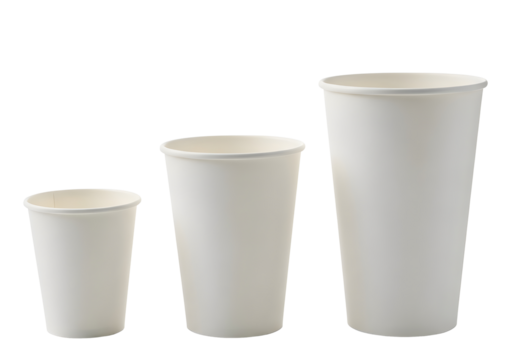 Three white paper cups of different sizes isolated on transparent background