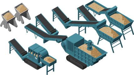 Isometric illustration of industrial stone crushing machine with conveyors, aggregate processing system, material sorting equipment, quarry production workflow, construction mining machinery