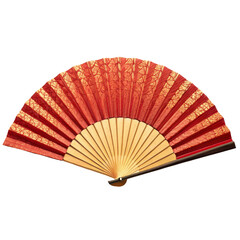 Traditional red folding fan with intricate patterns and wooden handle for decorative use