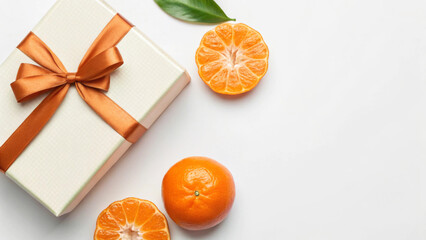 Gift box with orange ribbon beside fresh oranges and green leaf on white background