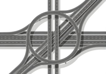 Aerial view of a complex highway interchange isolated on transparent background