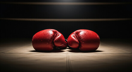 Dramatic spotlight on red boxing gloves in a ring, symbolizing the fierce spirit of competition and the quiet determination before or after a challenging fight