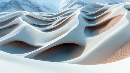 An abstract landscape of white sand dunes with a mountain range in the background. The image is lit by natural light, creating shadows and highlights.