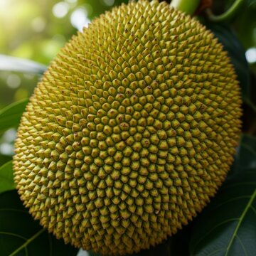 Close up of a ripe jackfruit on a tree with textured skin