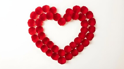 Red rose petals arranged in a heart shape on a clean white or pastel background. Soft diffused lighting and subtle shadows create a romantic, playful, Valentine&rsquo;s-ready scene with negative space.