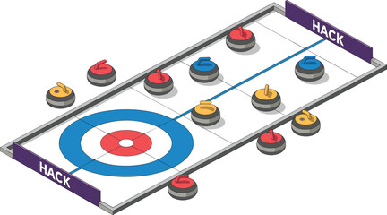 Isometric illustration of curling stones on ice rink with house target, sports strategy scene, winter game competition, detailed curling equipment layout
