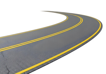 Curving asphalt road with yellow lane markings isolated on transparent background