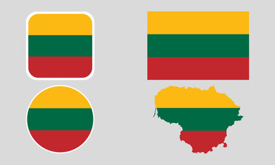 Lithuania Flag Icon Set in Square, Round, and Map Shapes. Clean Modern Collection. Perfect for use in apps, websites, presentations, infographics, educational materials, travel content.