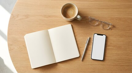 Top-down flat-lay of laptop, open notebook, and coffee cup on a neutral desk, softly lit with diffused daylight, clean minimal layout, conveying professionalism, focus and inviting workspace.