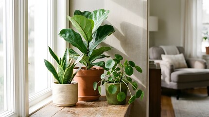 Healthy indoor plants on a windowsill, shelf or table with natural light. Crisp leaves and soft shadows create a calm, modern, refreshing lifestyle scene.