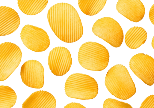Crispy ruffled potato chips scattered isolated on transparent background