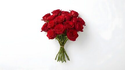 Fresh red roses, either in a bouquet or scattered, on a clean white background. Soft, diffused lighting highlights vibrant petals, creating a romantic, timeless and commercial-ready scene.