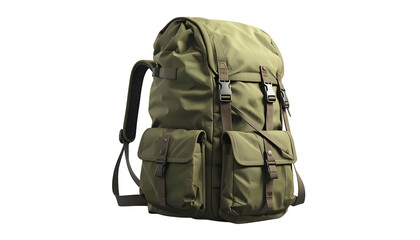 Olive-green backpack, side view, multiple pockets, straps, buckles, isolated on black background